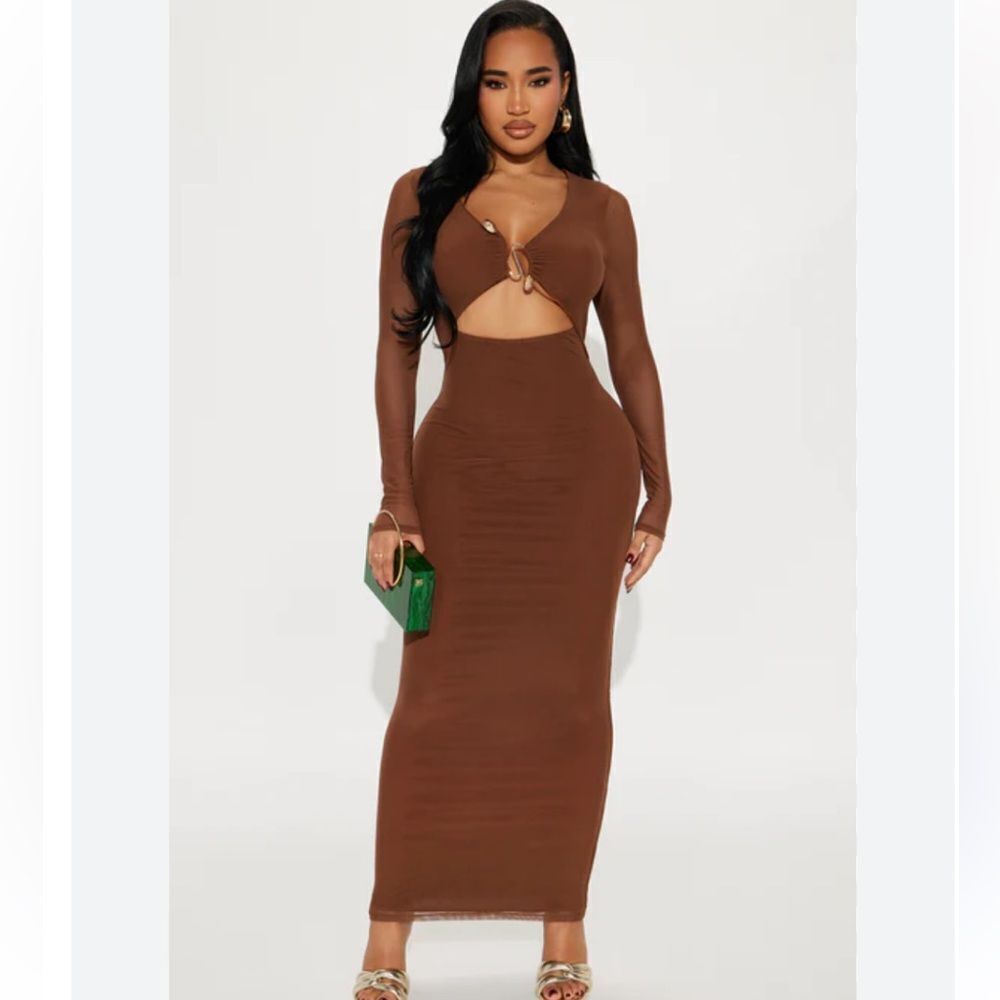 Fashion Nova Kristen Mesh Maxi Dress Brown Mesh Long Sleeve Sz Large NWT